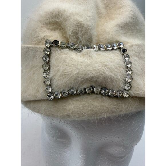 Vintage Ivory Felt Pillbox Hat with Rhinestone Bow Fields of Tulsa Est. Size 7 main image 5